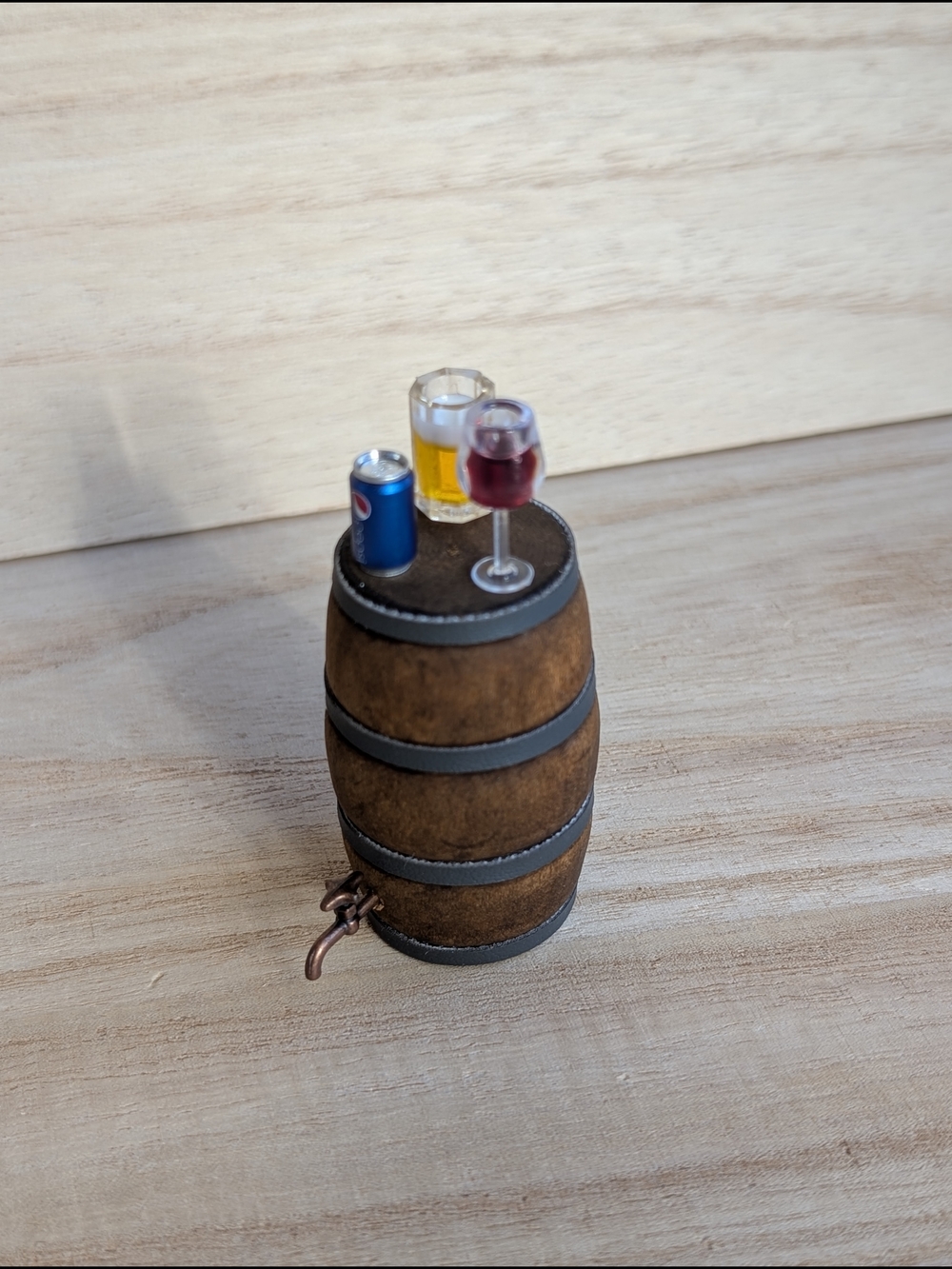 Pepsi Mini Can Beer Mug on Wooden Barrel, Miniatures, Doll House, Wine
